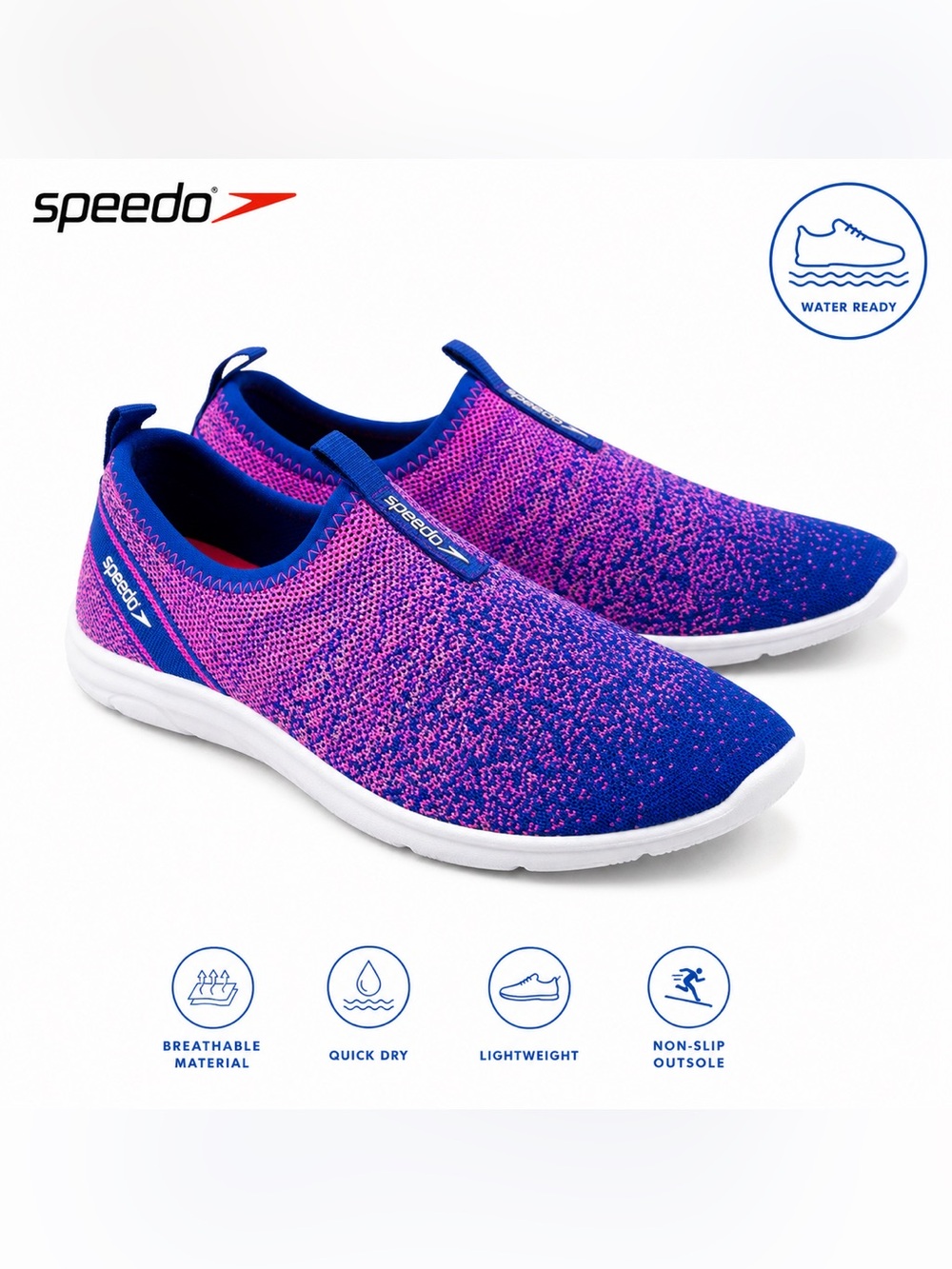 Speedo Slip-On Water Shoes in Blue & Pink Knit